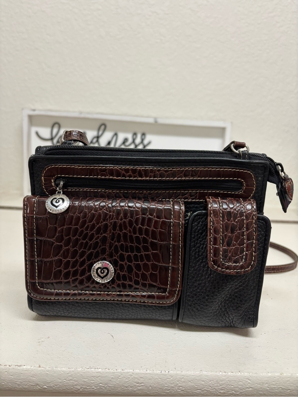 Brighton Black and Brown Croc-Embossed Leather Crossbody